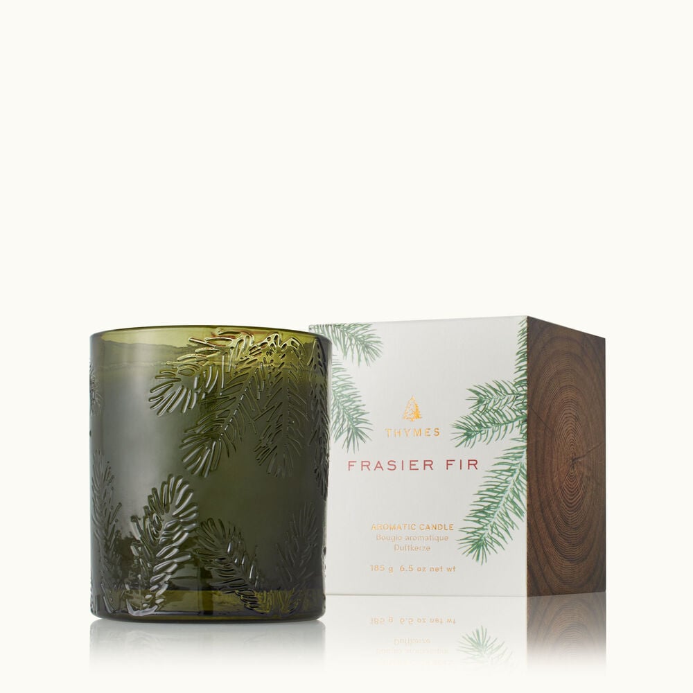 Thymes Frasier Fir Molded Green Glass Candle is a Christmas Candle image number 0